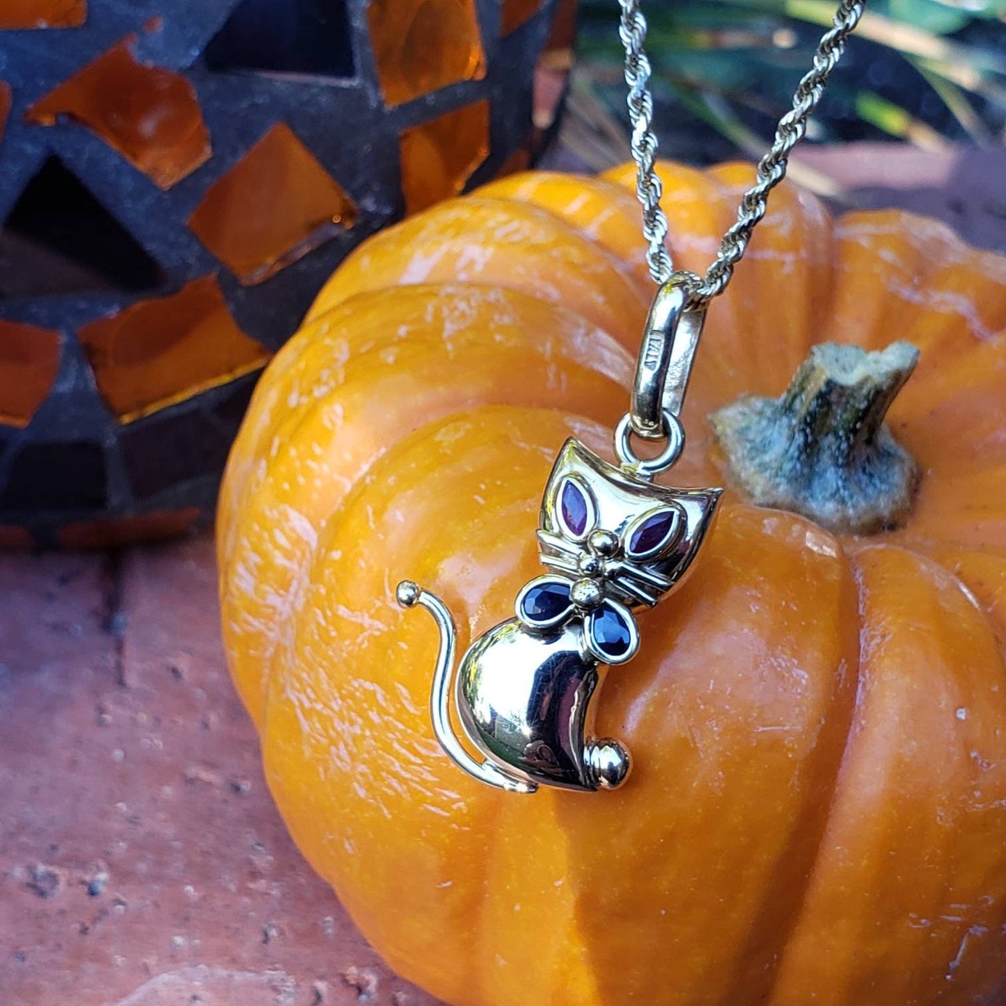 14K Kitty Cat Pendant with Ruby Eyes and Sapphire Bow