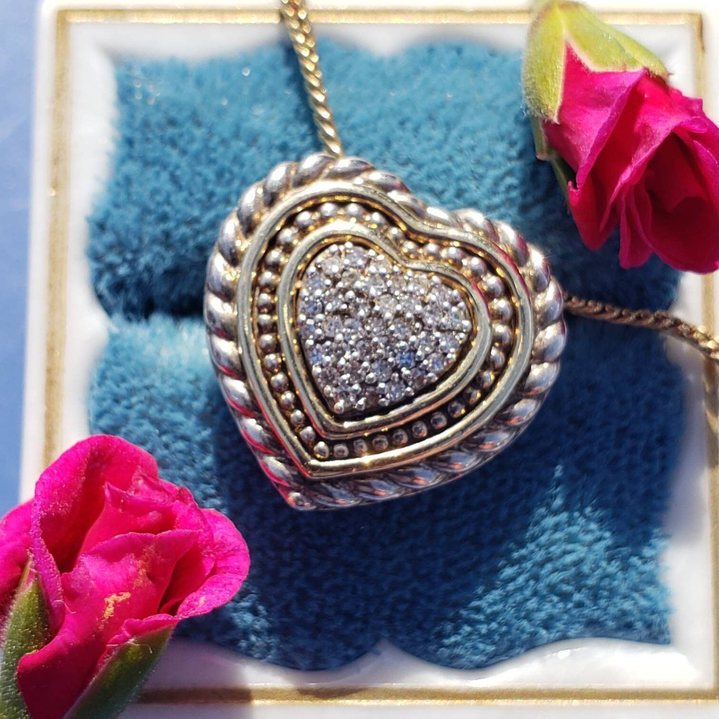 Vintage 14k Gold and Sterling Silver Diamond Heart Pendant