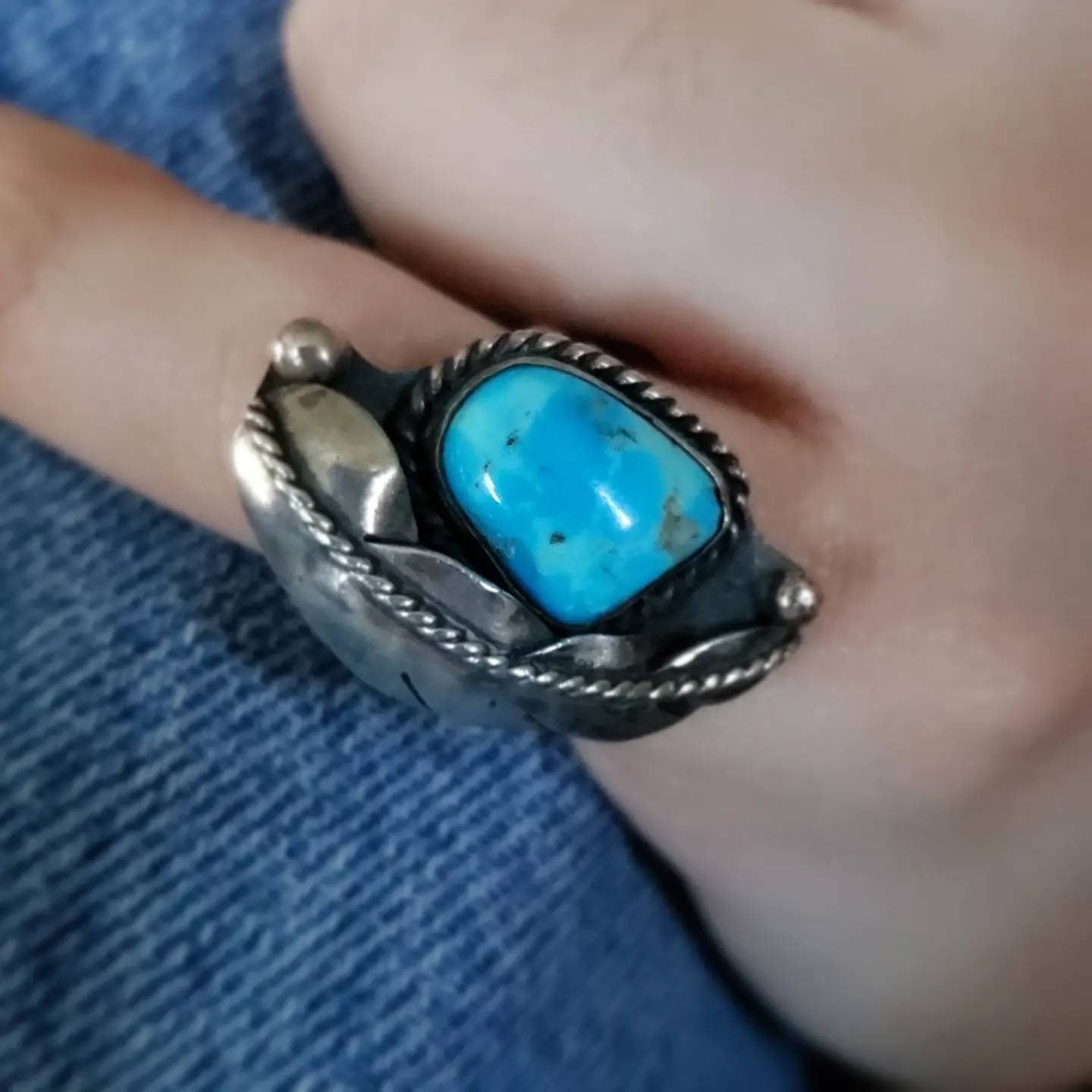 Native American Turquoise Ring with Feather Design, Sterling Silver 925, size 6 US