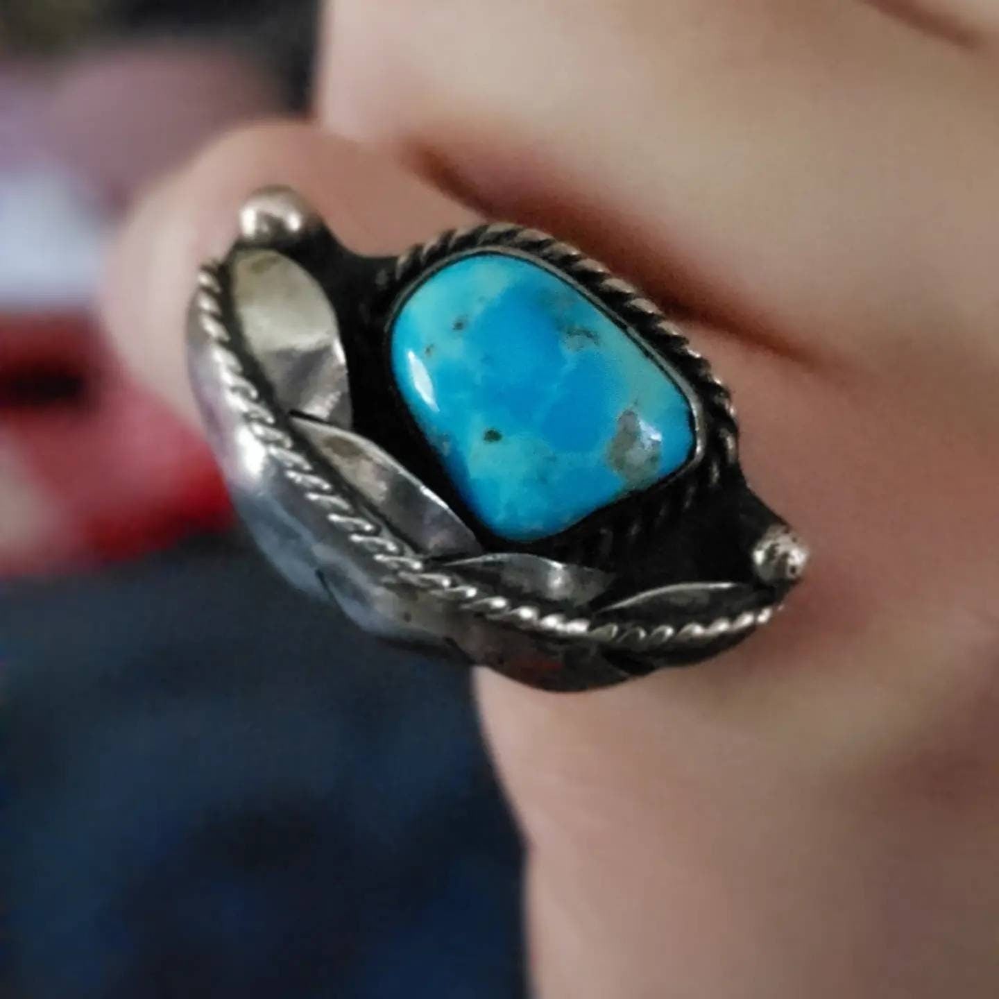 Native American Turquoise Ring with Feather Design, Sterling Silver 925, size 6 US
