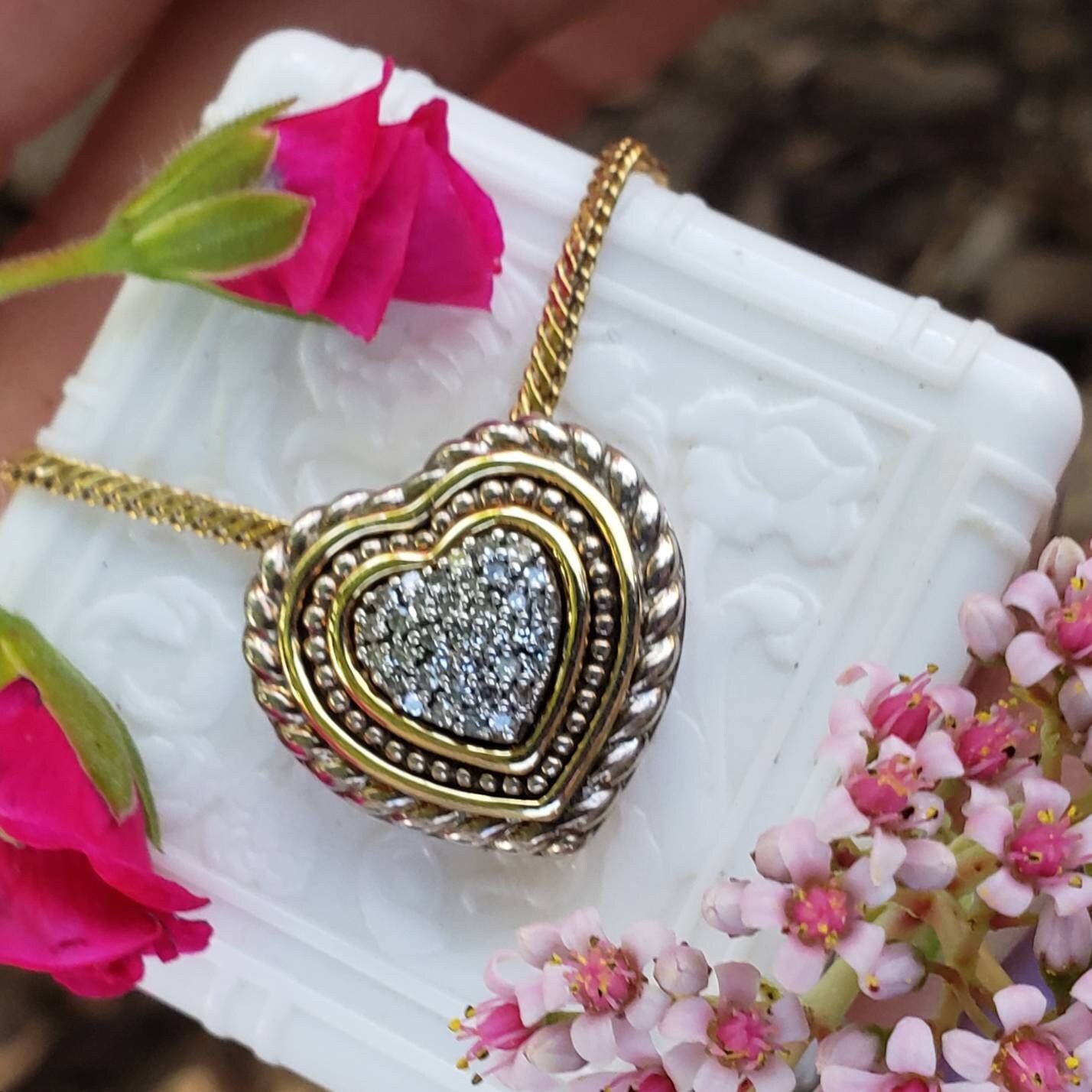 Vintage 14k Gold and Sterling Silver Diamond Heart Pendant