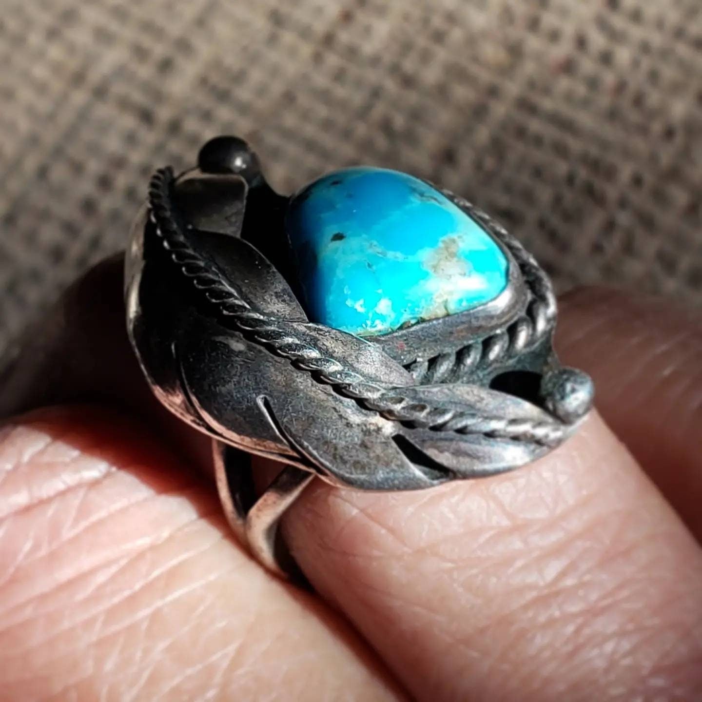 Native American Turquoise Ring with Feather Design, Sterling Silver 925, size 6 US