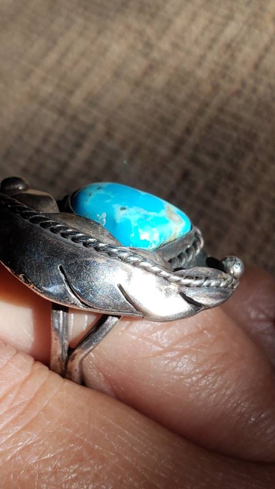 Native American Turquoise Ring with Feather Design, Sterling Silver 925, size 6 US