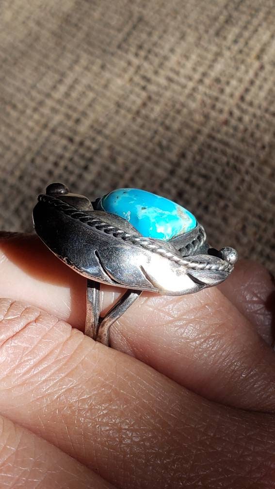 Native American Turquoise Ring with Feather Design, Sterling Silver 925, size 6 US