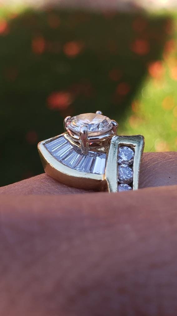 Estate Diamond Ring, 18K Yellow Gold, Round Center Diamond with Tapered Baguette Diamonds