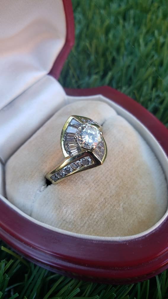 Estate Diamond Ring, 18K Yellow Gold, Round Center Diamond with Tapered Baguette Diamonds