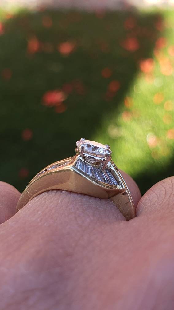 Estate Diamond Ring, 18K Yellow Gold, Round Center Diamond with Tapered Baguette Diamonds