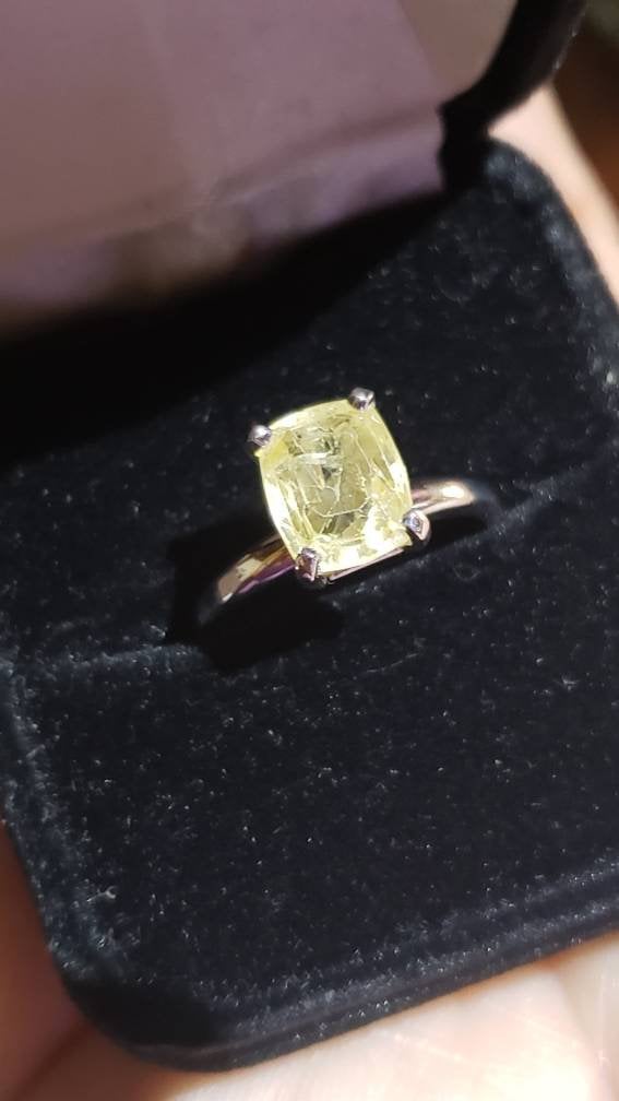 Vintage Natural Yellow Sapphire Ring, Cushion Cut, 14K White Gold, size 6.25