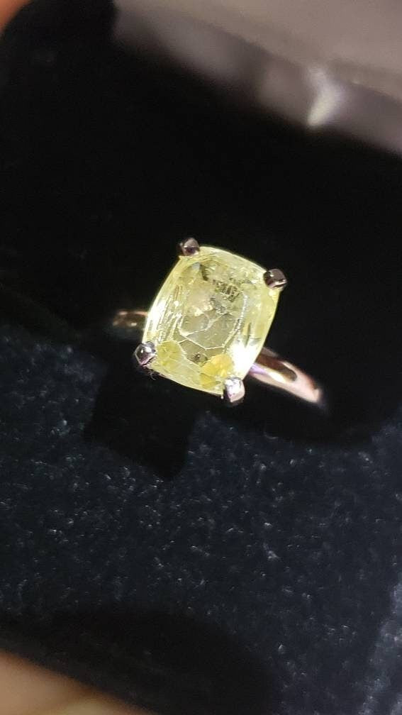 Vintage Natural Yellow Sapphire Ring, Cushion Cut, 14K White Gold, size 6.25