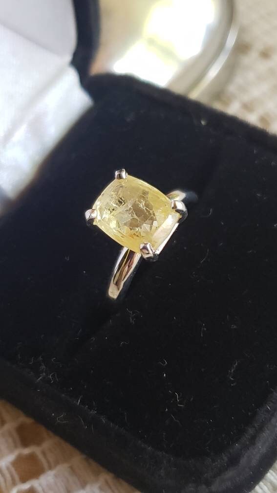 Vintage Natural Yellow Sapphire Ring, Cushion Cut, 14K White Gold, size 6.25