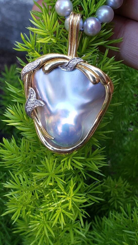 Mabe Blister Pearl and Diamond Pendant/ Enhancer, 14K Yellow and White Gold with Double Safety Clasp