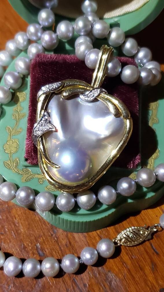 Mabe Blister Pearl and Diamond Pendant/ Enhancer, 14K Yellow and White Gold with Double Safety Clasp