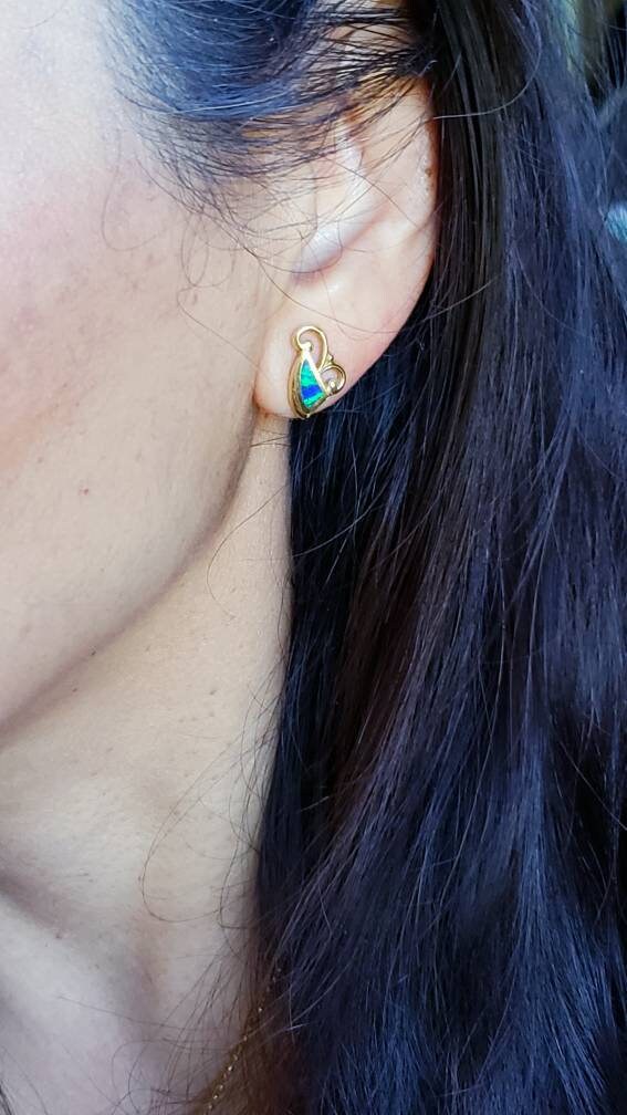 Australian Black Opal Inay Earrings, 14K Yelow Gold
