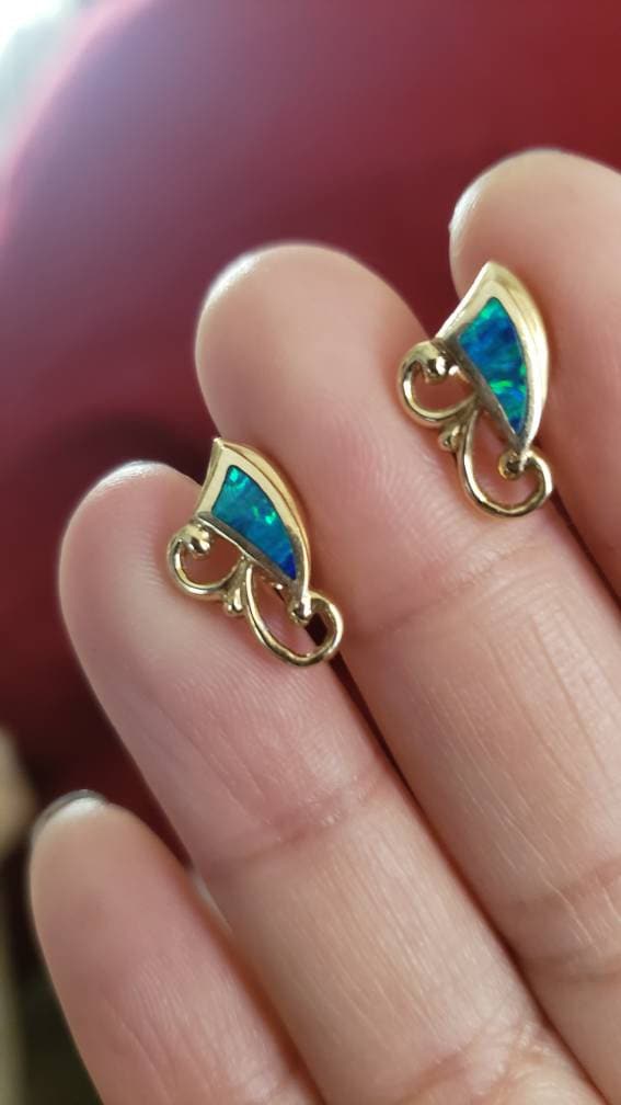 Australian Black Opal Inay Earrings, 14K Yelow Gold