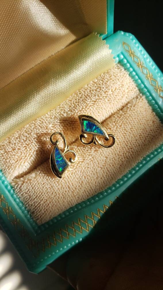 Australian Black Opal Inay Earrings, 14K Yelow Gold