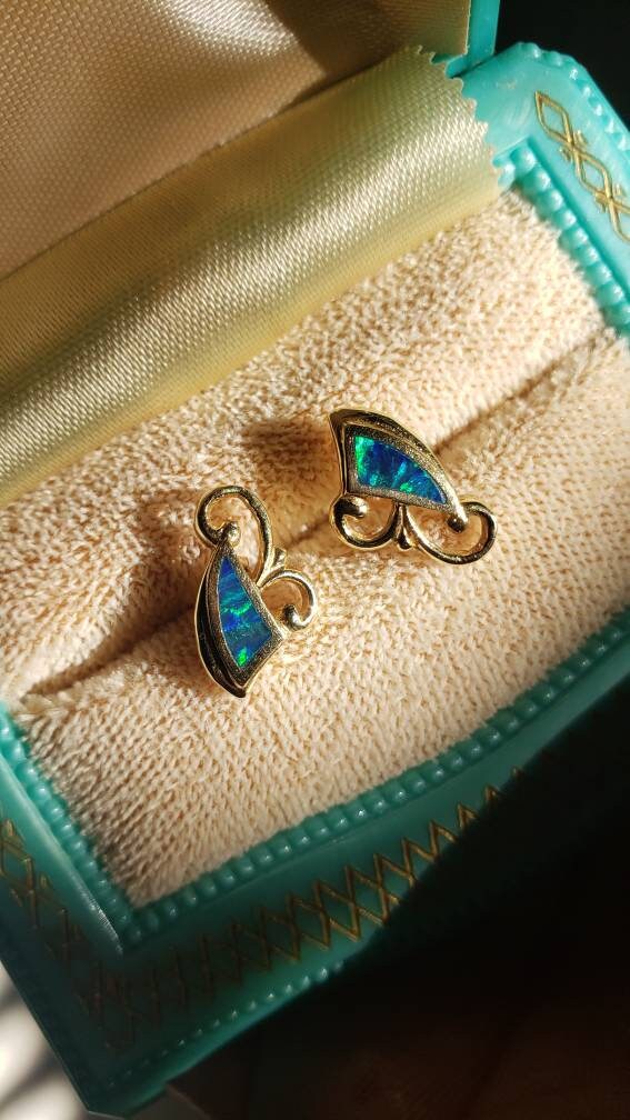 Australian Black Opal Inay Earrings, 14K Yelow Gold