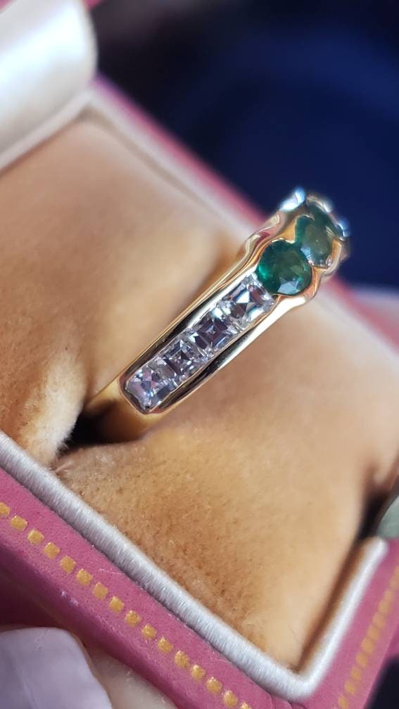 Carre Cut Diamond and Emerald Band Ring, 18K Yellow Gold, size 6 US