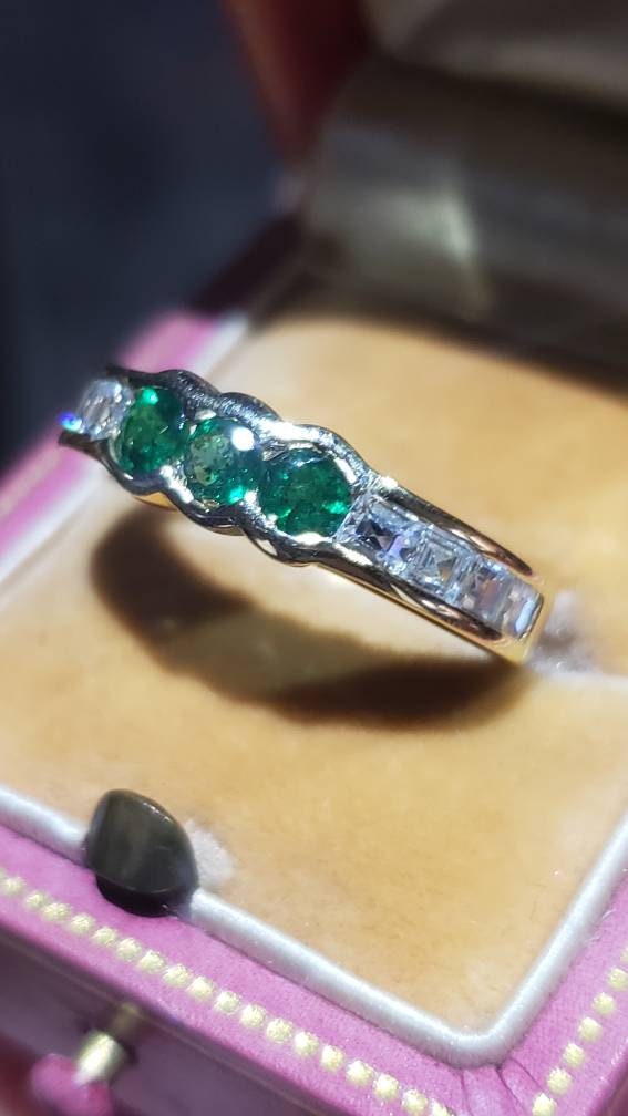 Carre Cut Diamond and Emerald Band Ring, 18K Yellow Gold, size 6 US