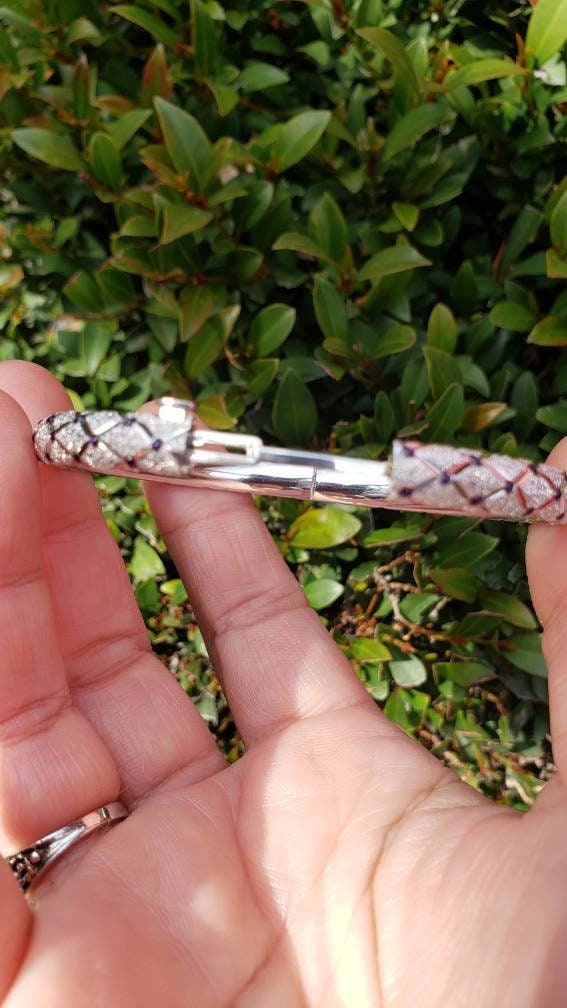 14K White Gold Vintage Enamel Bangle, Diamond Cut Harlequin Pattern with Blue Enamel
