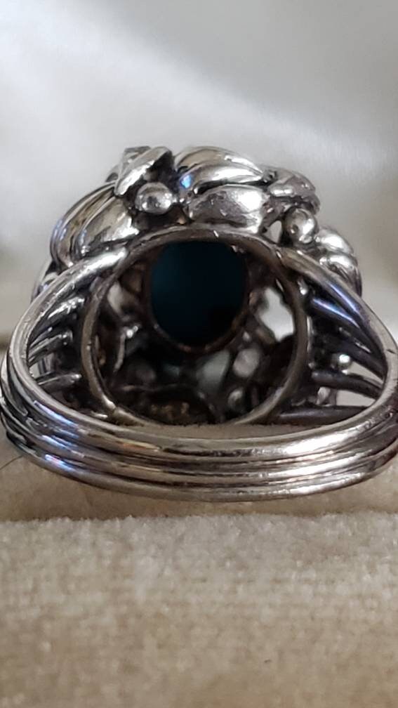 Estate Vintage Persian Turquoise and Old Cut Diamond Cocktail Ring, 18K White Gold, size 6.5-6.75 US