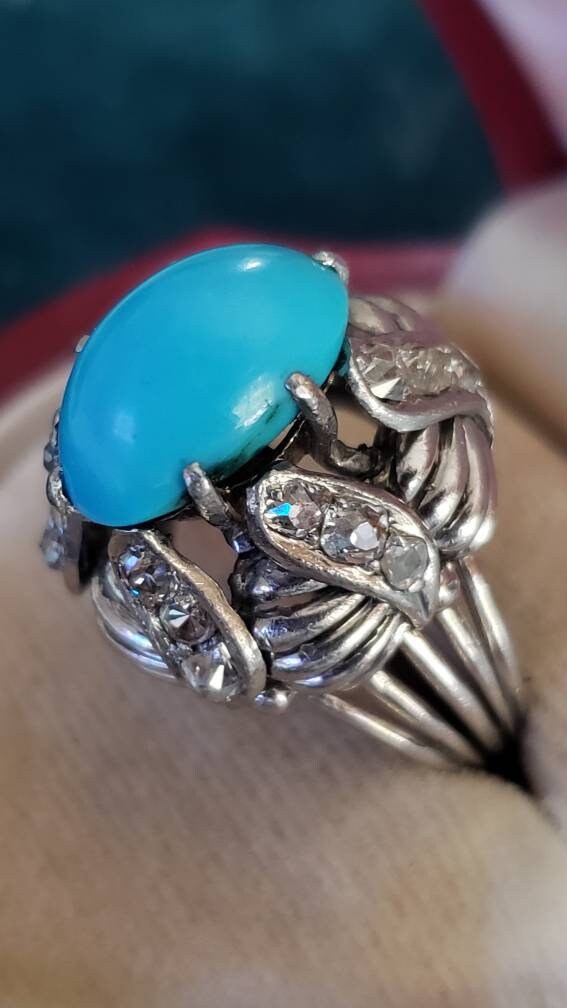 Estate Vintage Persian Turquoise and Old Cut Diamond Cocktail Ring, 18K White Gold, size 6.5-6.75 US