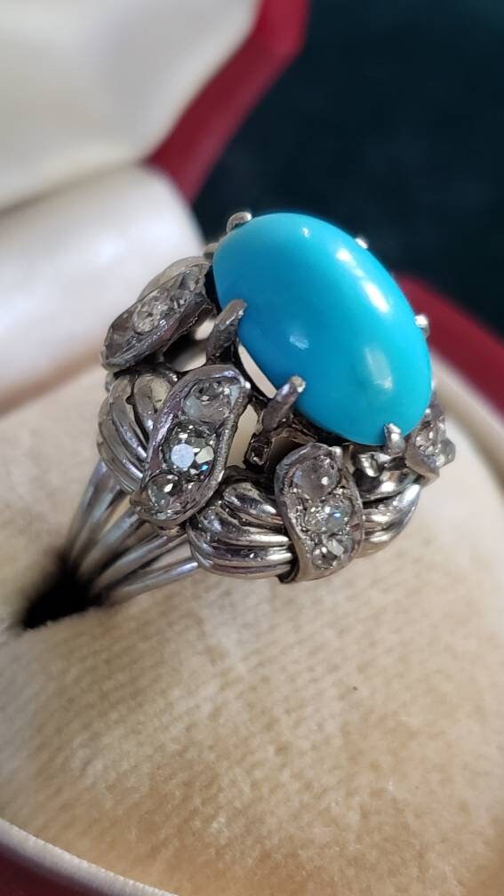 Estate Vintage Persian Turquoise and Old Cut Diamond Cocktail Ring, 18K White Gold, size 6.5-6.75 US