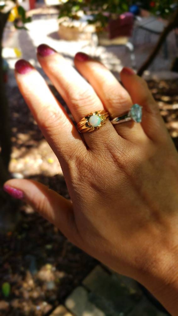 Vintage Opal Ring, Belcher Setting, 14K Yellow Gold size 8.5-9.0 US