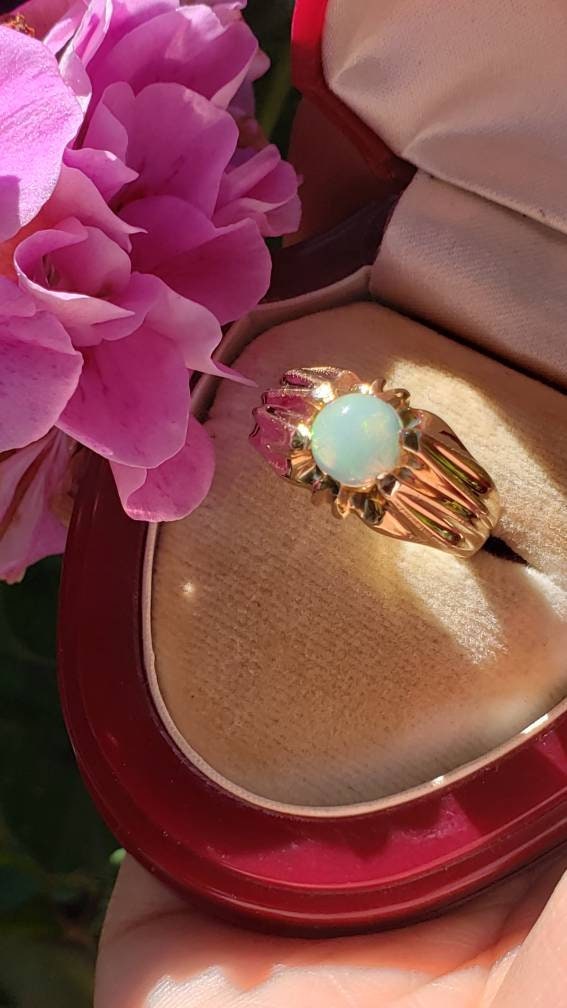 Vintage Opal Ring, Belcher Setting, 14K Yellow Gold size 8.5-9.0 US