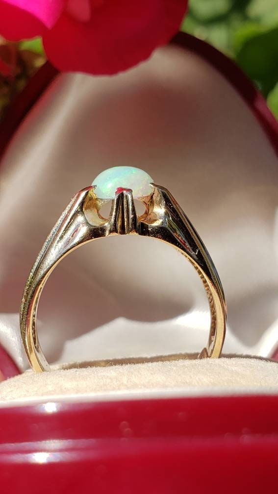Vintage Opal Ring, Belcher Setting, 14K Yellow Gold size 8.5-9.0 US