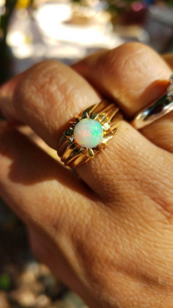 Vintage Opal Ring, Belcher Setting, 14K Yellow Gold size 8.5-9.0 US