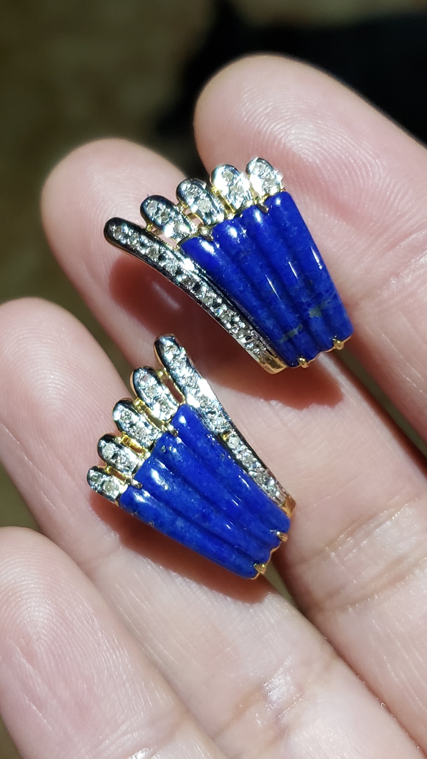 14k Lapis and Diamond Earrings, Omega Clip Closure