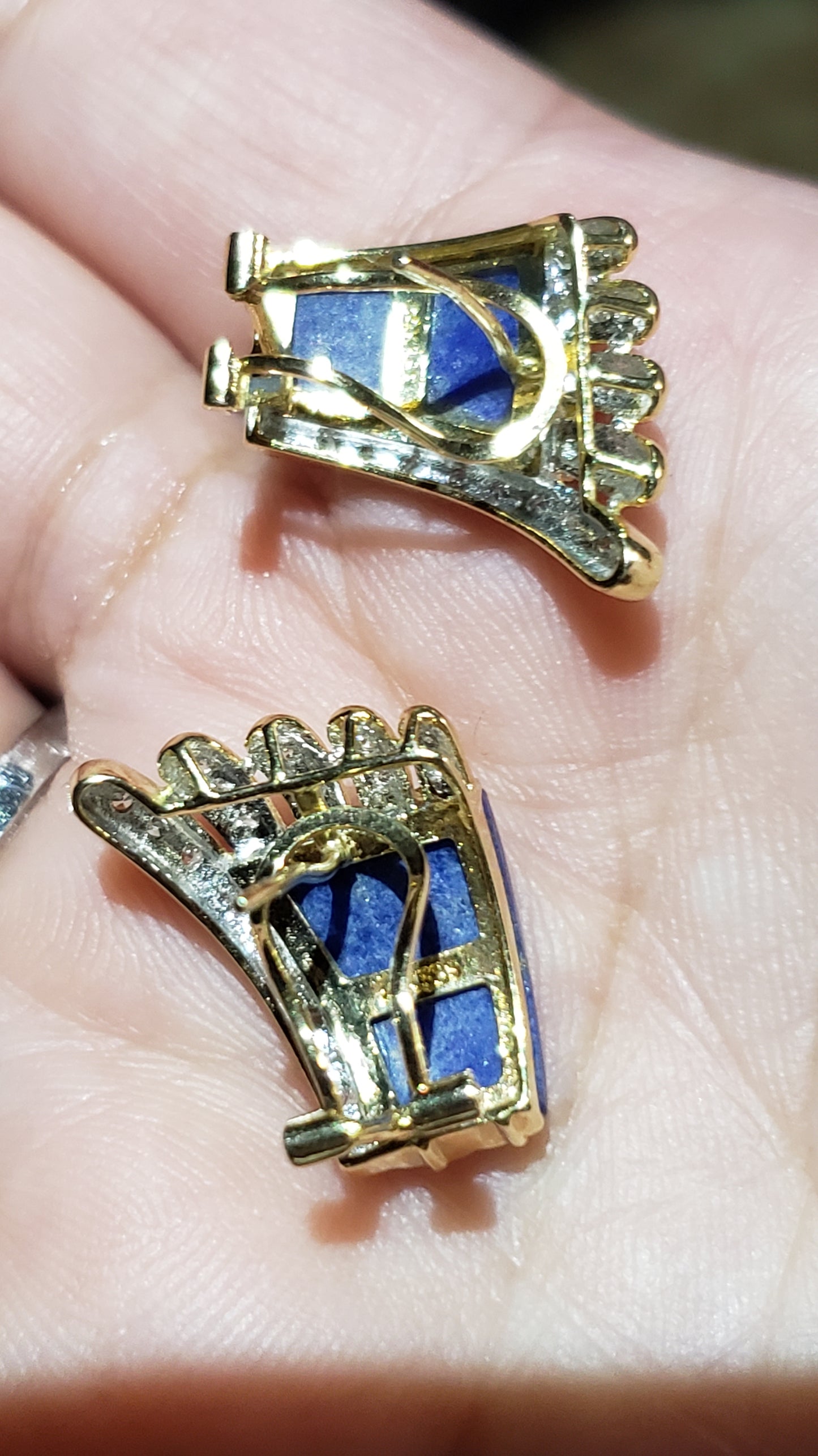 14k Lapis and Diamond Earrings, Omega Clip Closure