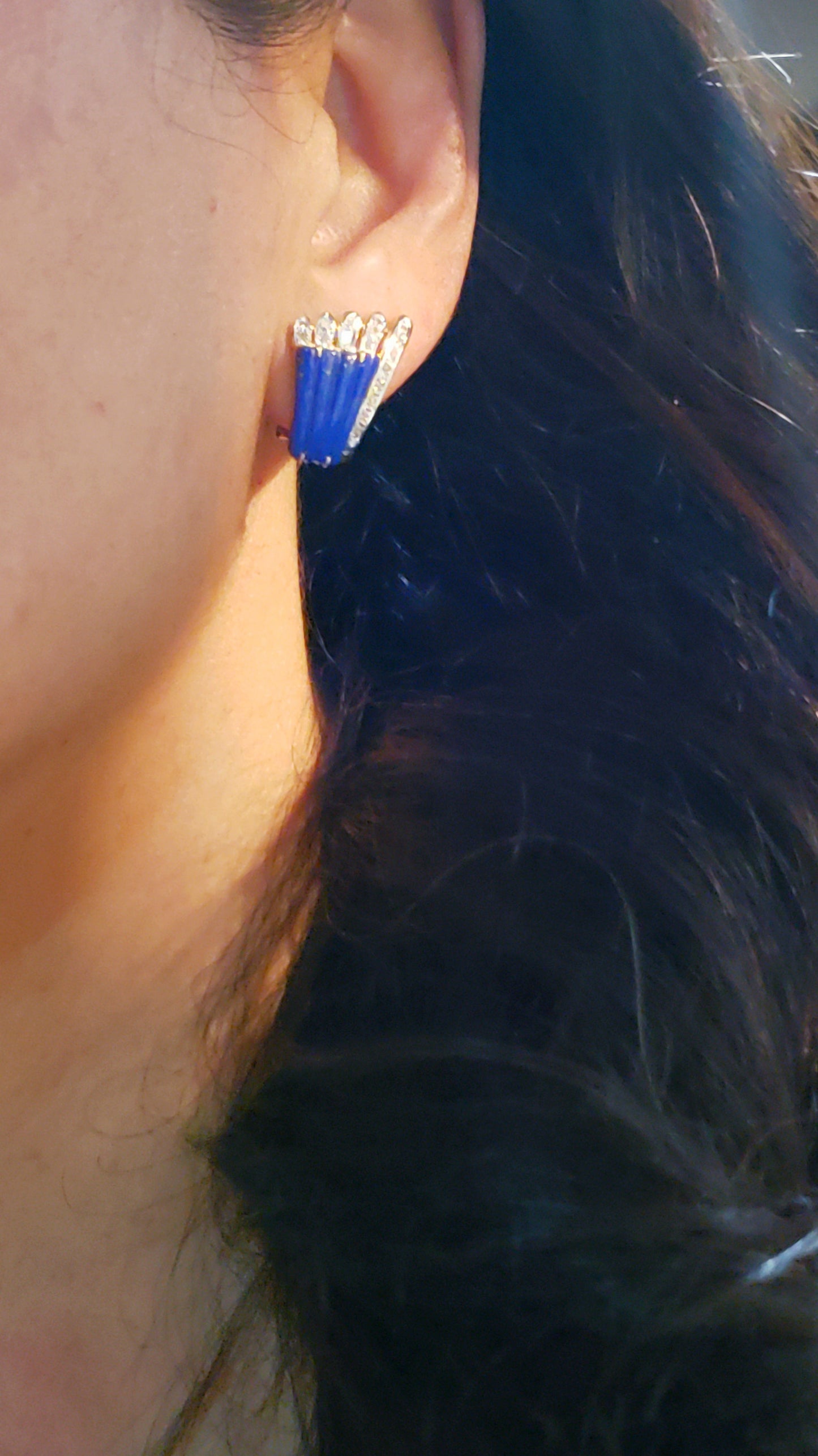 14k Lapis and Diamond Earrings, Omega Clip Closure