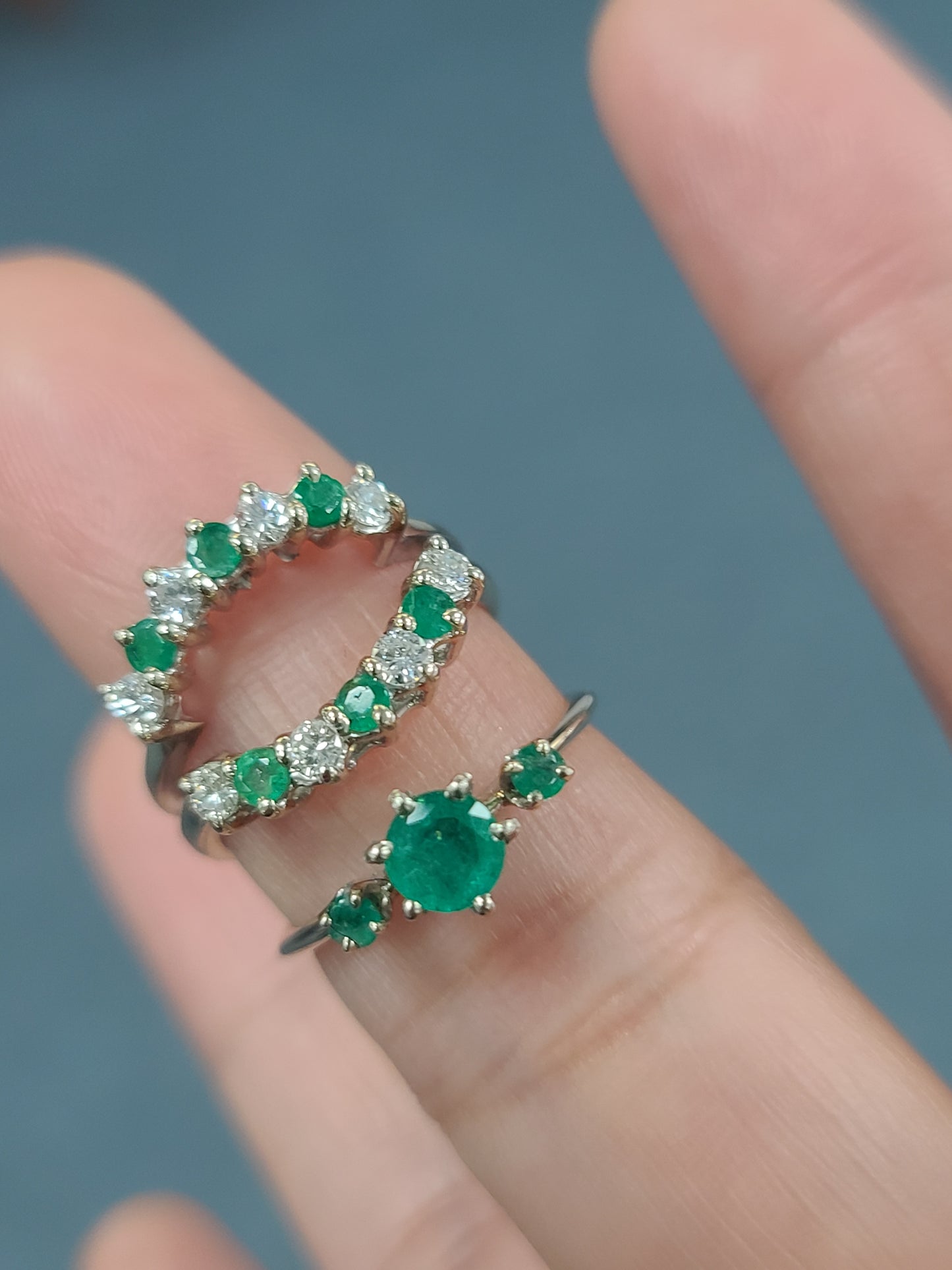 Vintage 14K White Gold Emerald and Diamond Ring Set, size 5.75