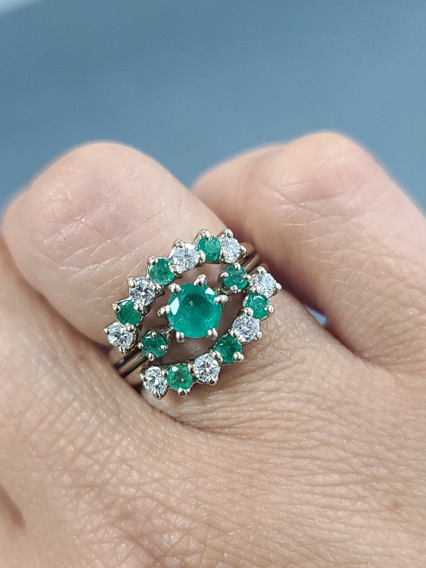 Vintage 14K White Gold Emerald and Diamond Ring Set, size 5.75