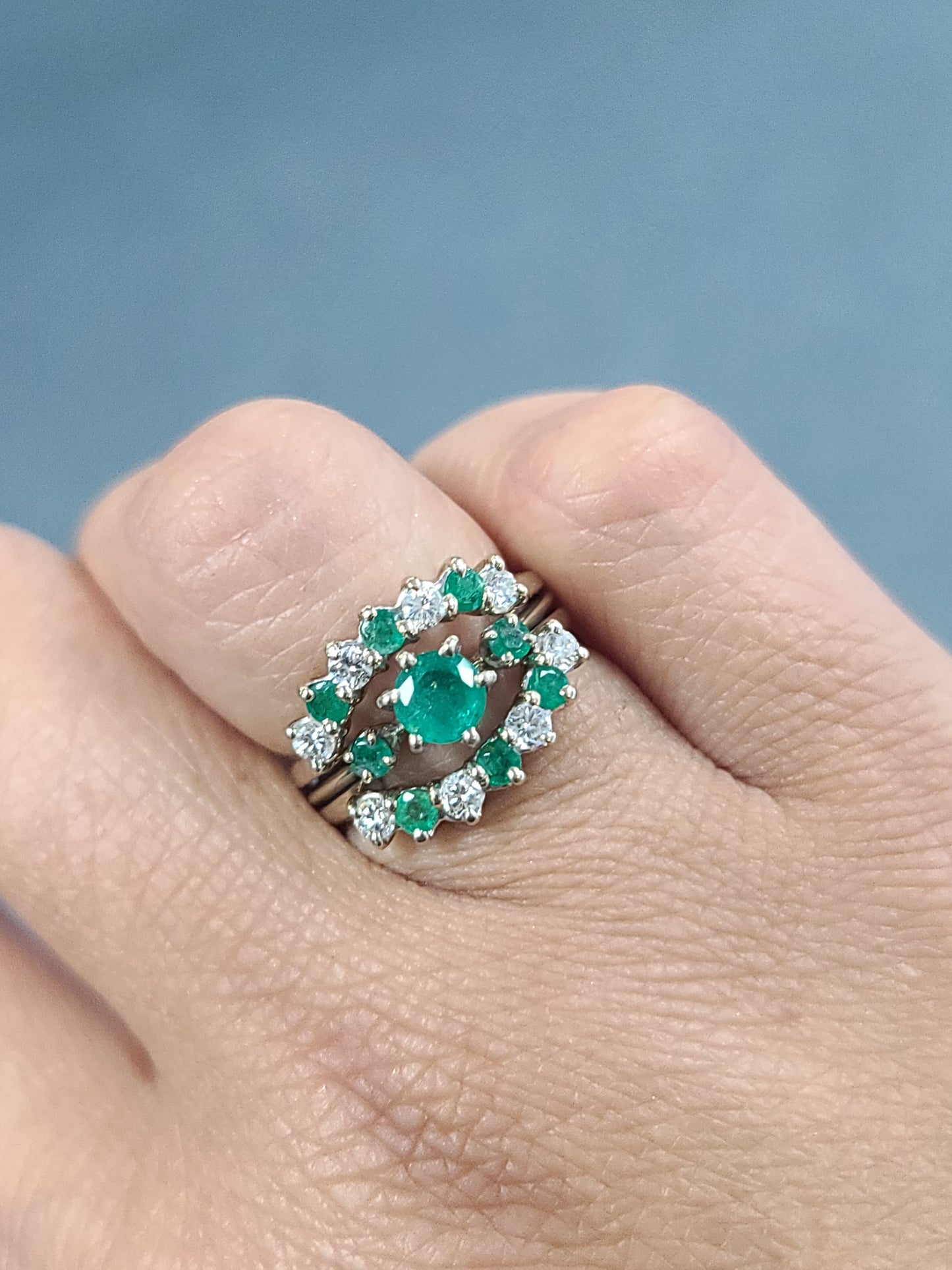 Vintage 14K White Gold Emerald and Diamond Ring Set, size 5.75