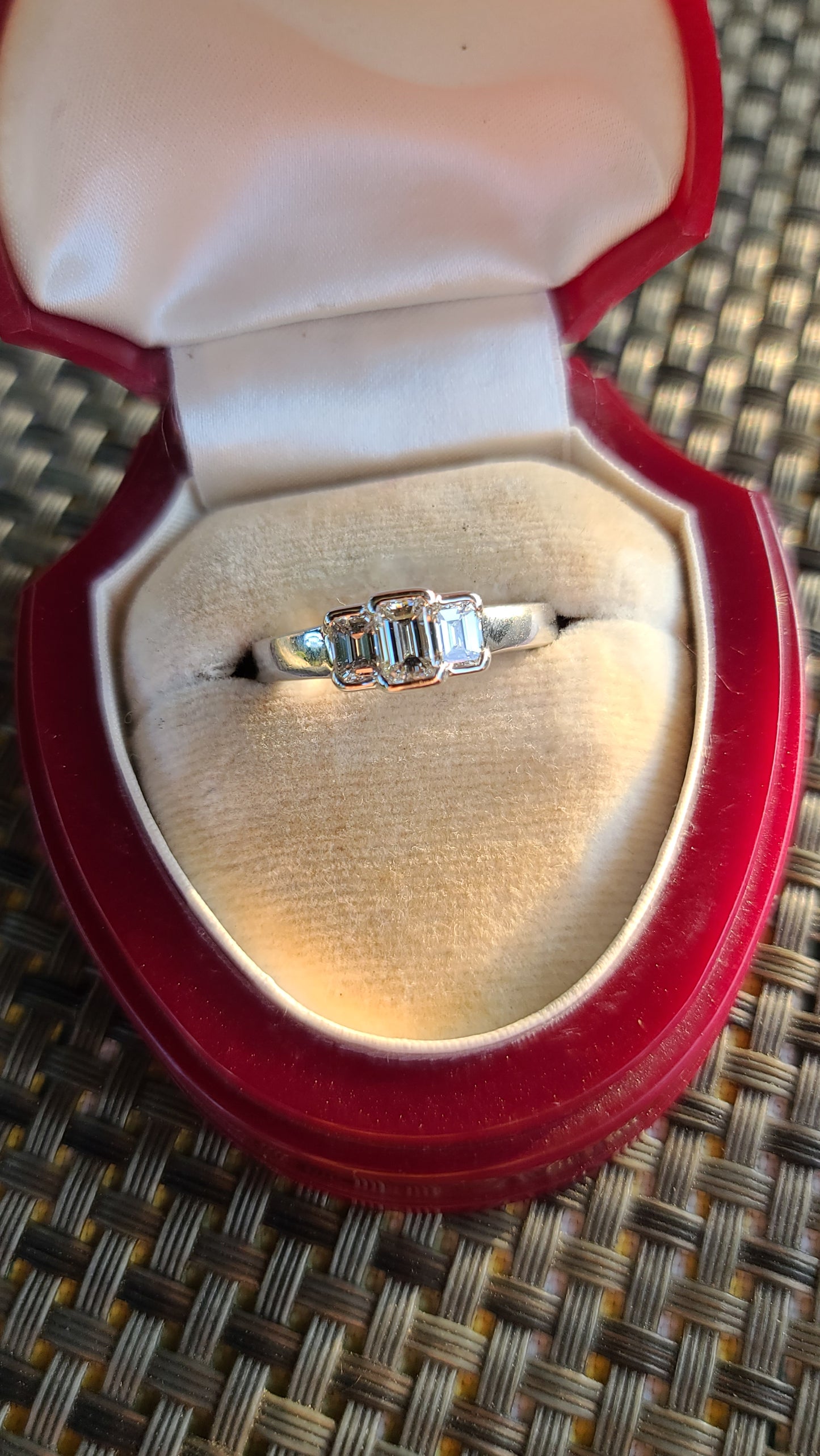 Emerald Cut Diamond Ring, Three Stone Diamond Trilogy Ring, 14K White Gold, size 8.5