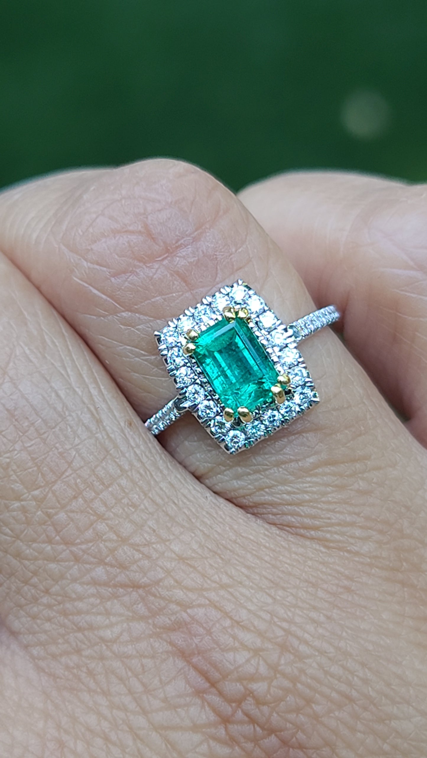 18K White Gold Emerald and Diamond Ring, size 7