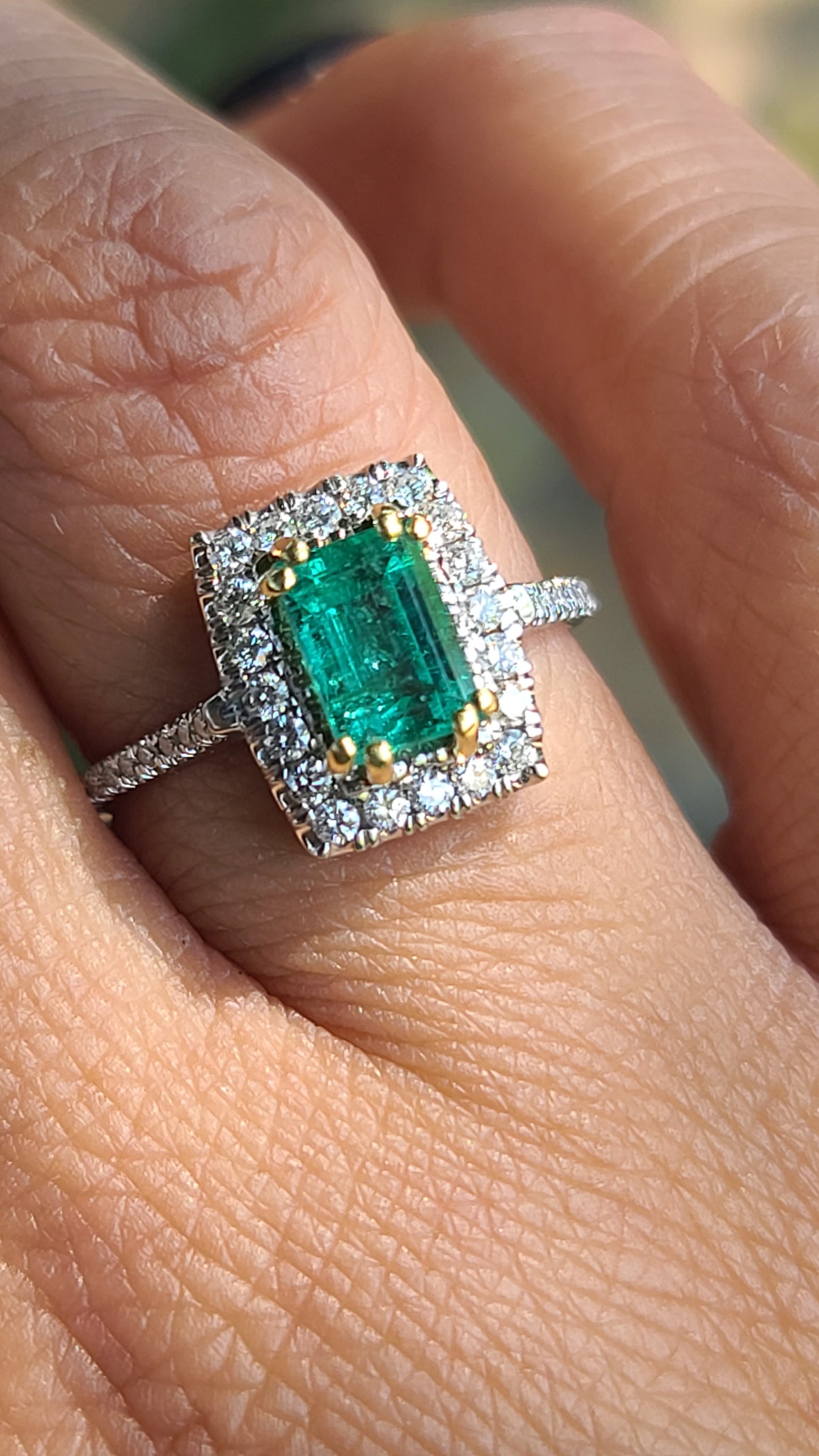 18K White Gold Emerald and Diamond Ring, size 7