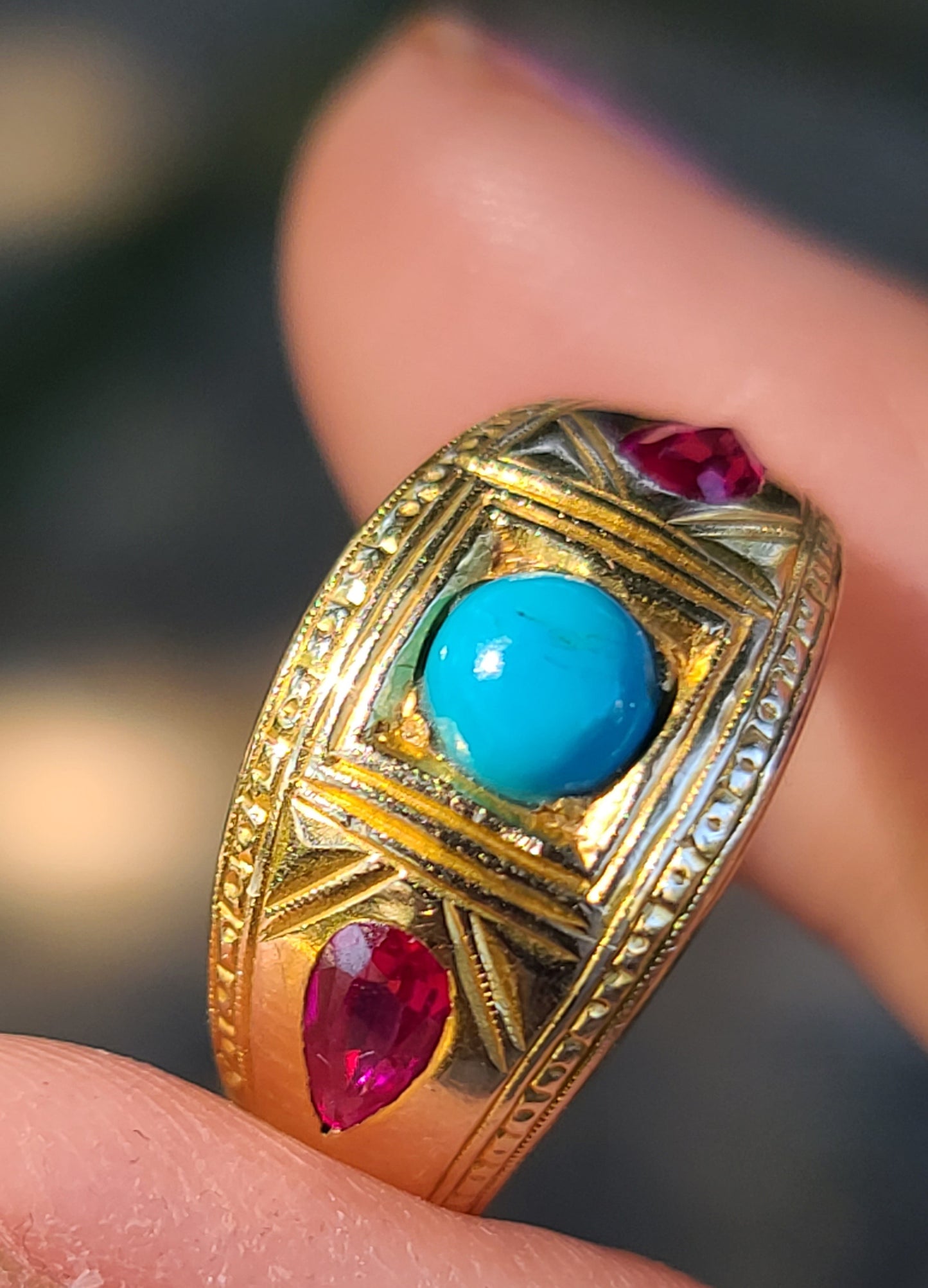 Vintage Turquoise and Ruby Ring with Engraved Details, size 7