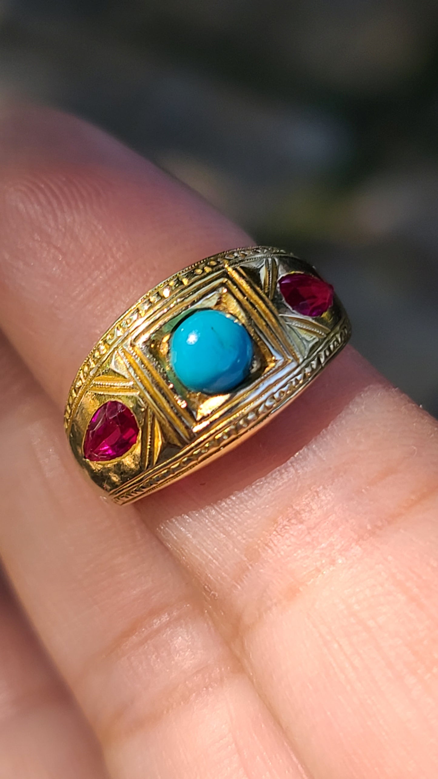 Vintage Turquoise and Ruby Ring with Engraved Details, size 7