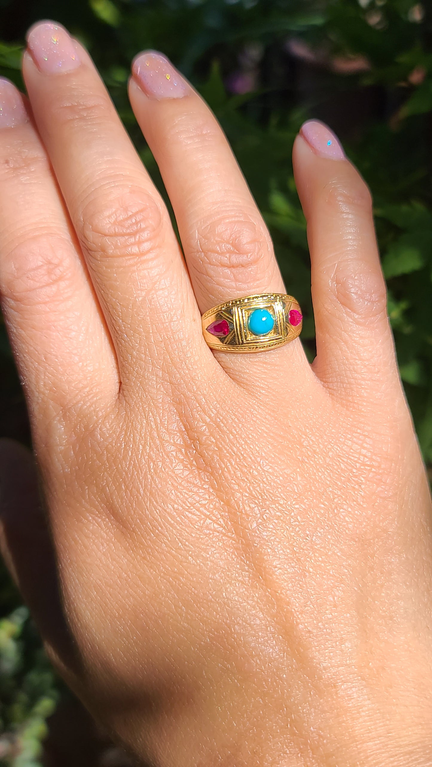 Vintage Turquoise and Ruby Ring with Engraved Details, size 7