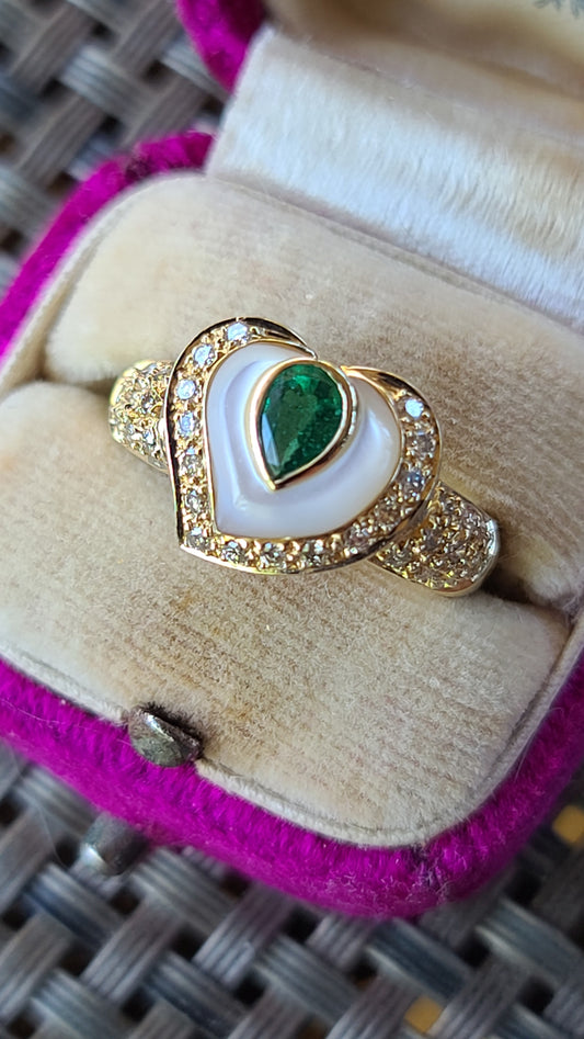 14K Yellow Gold Emerald and Mother of Pearl Ring with Pave Diamonds, size 6