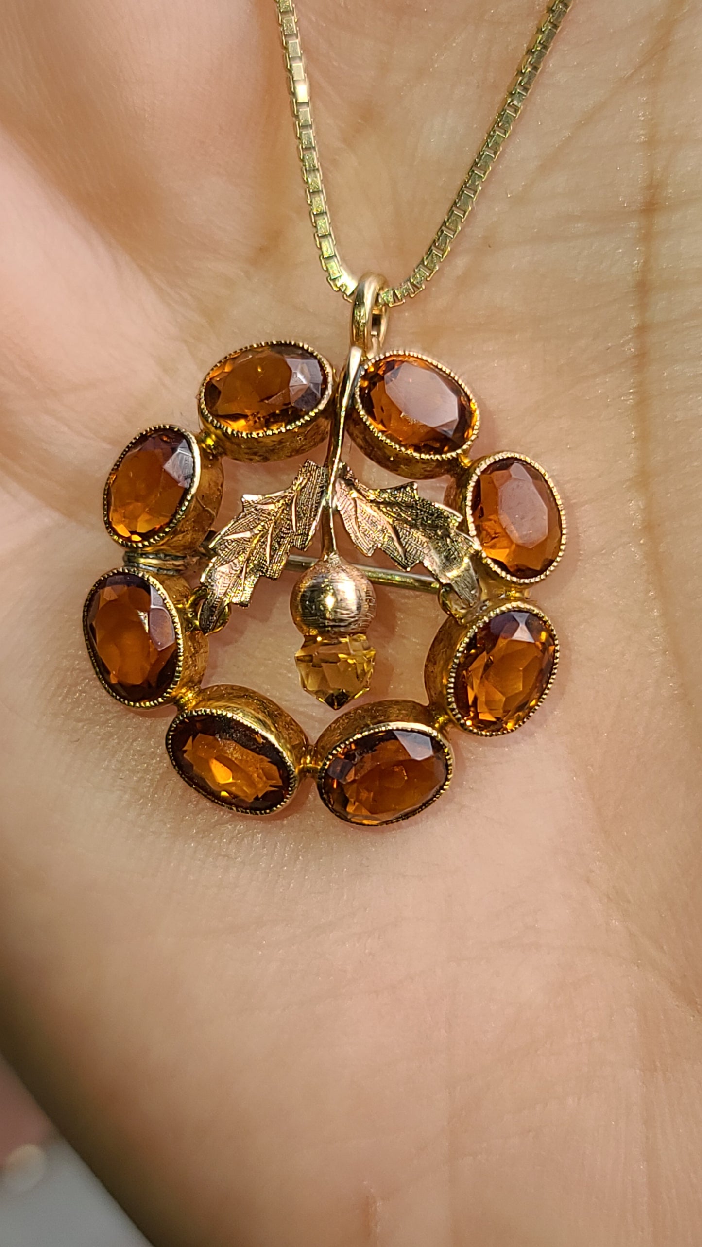 Citrine Brooch / Pendant Featuring a Scottish Thistle Flower, 14K Gold