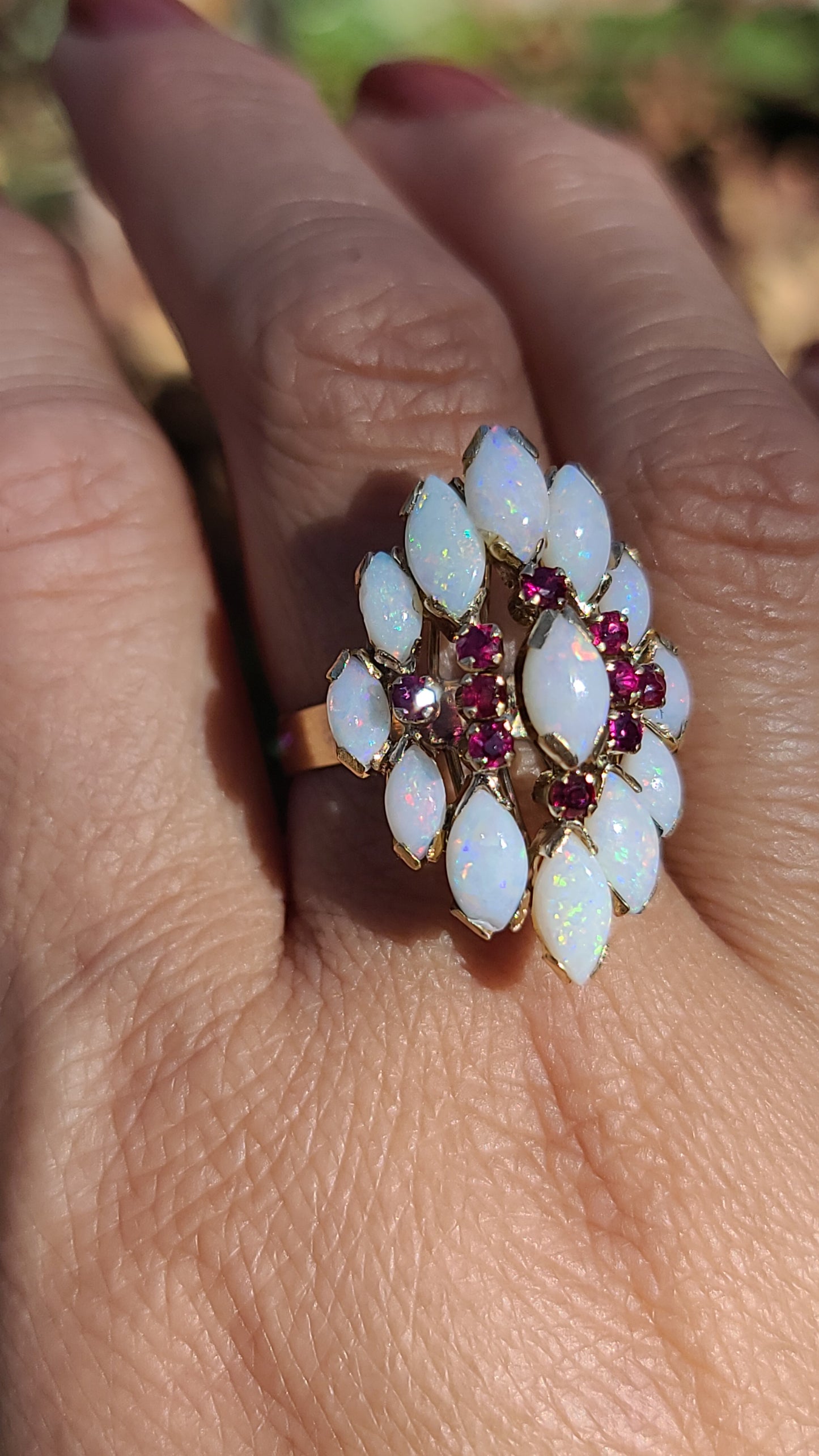 Vintage Opal and Ruby Ring, 14K Yellow Gold