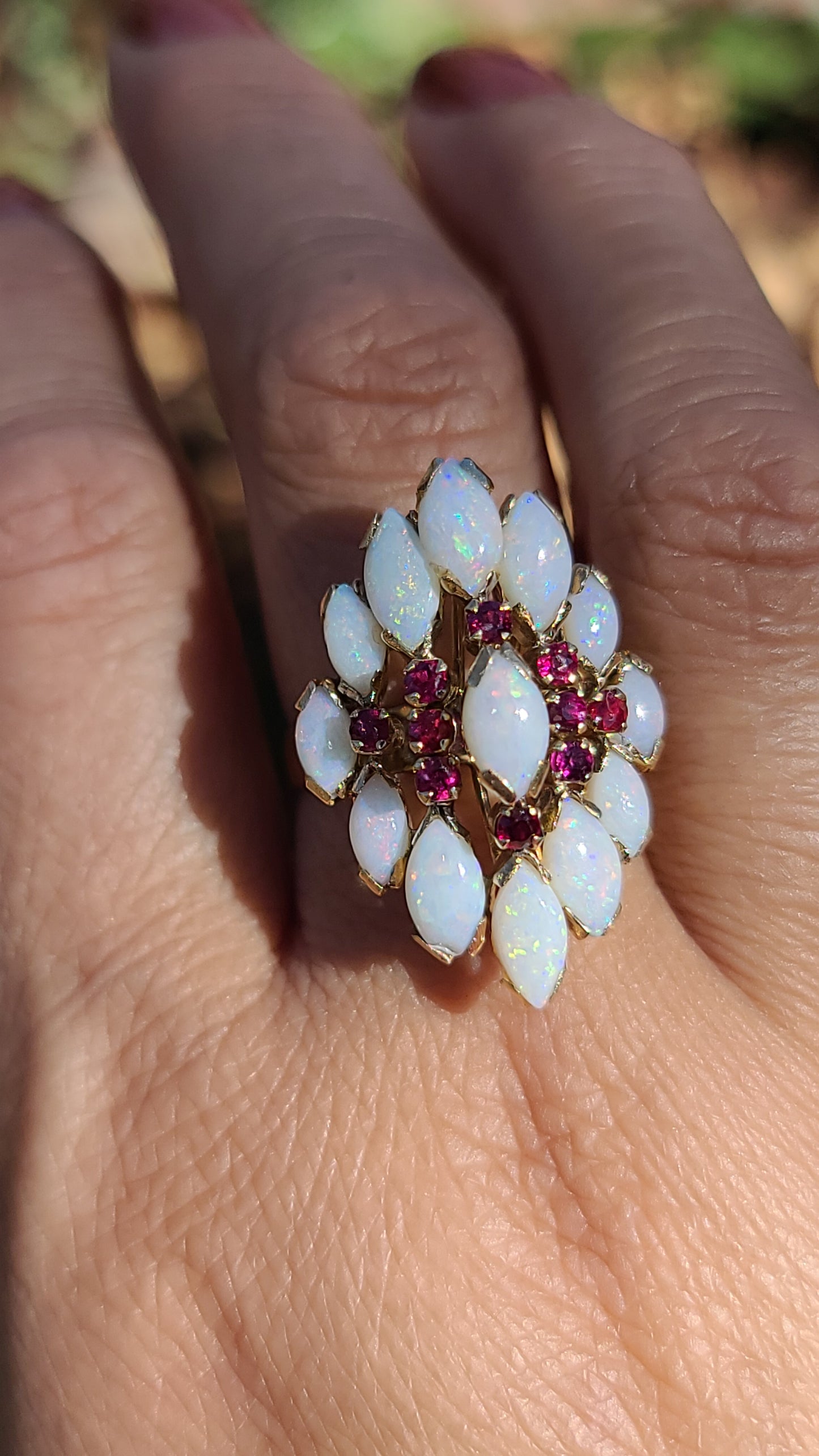 Vintage Opal and Ruby Ring, 14K Yellow Gold