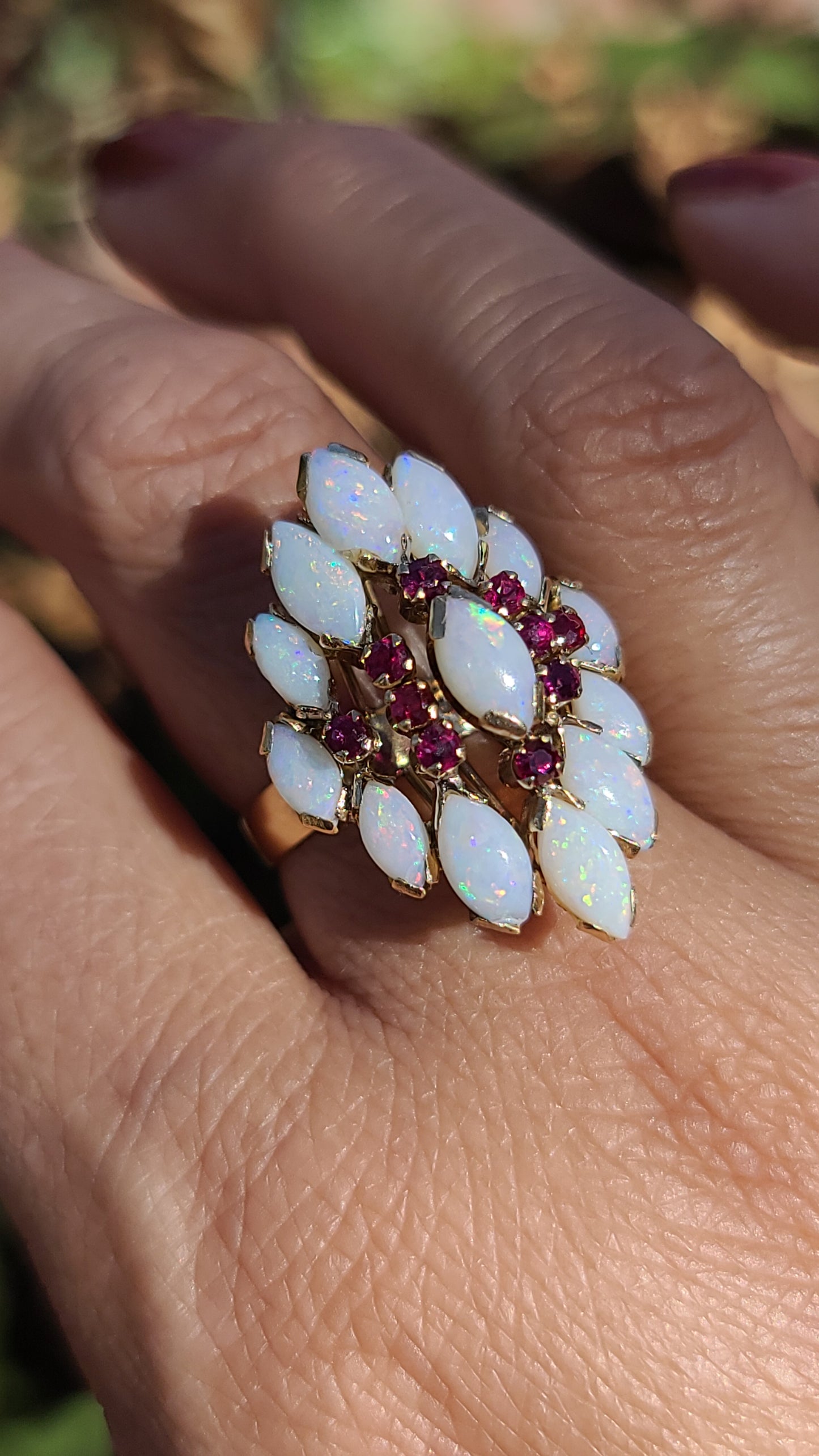 Vintage Opal and Ruby Ring, 14K Yellow Gold