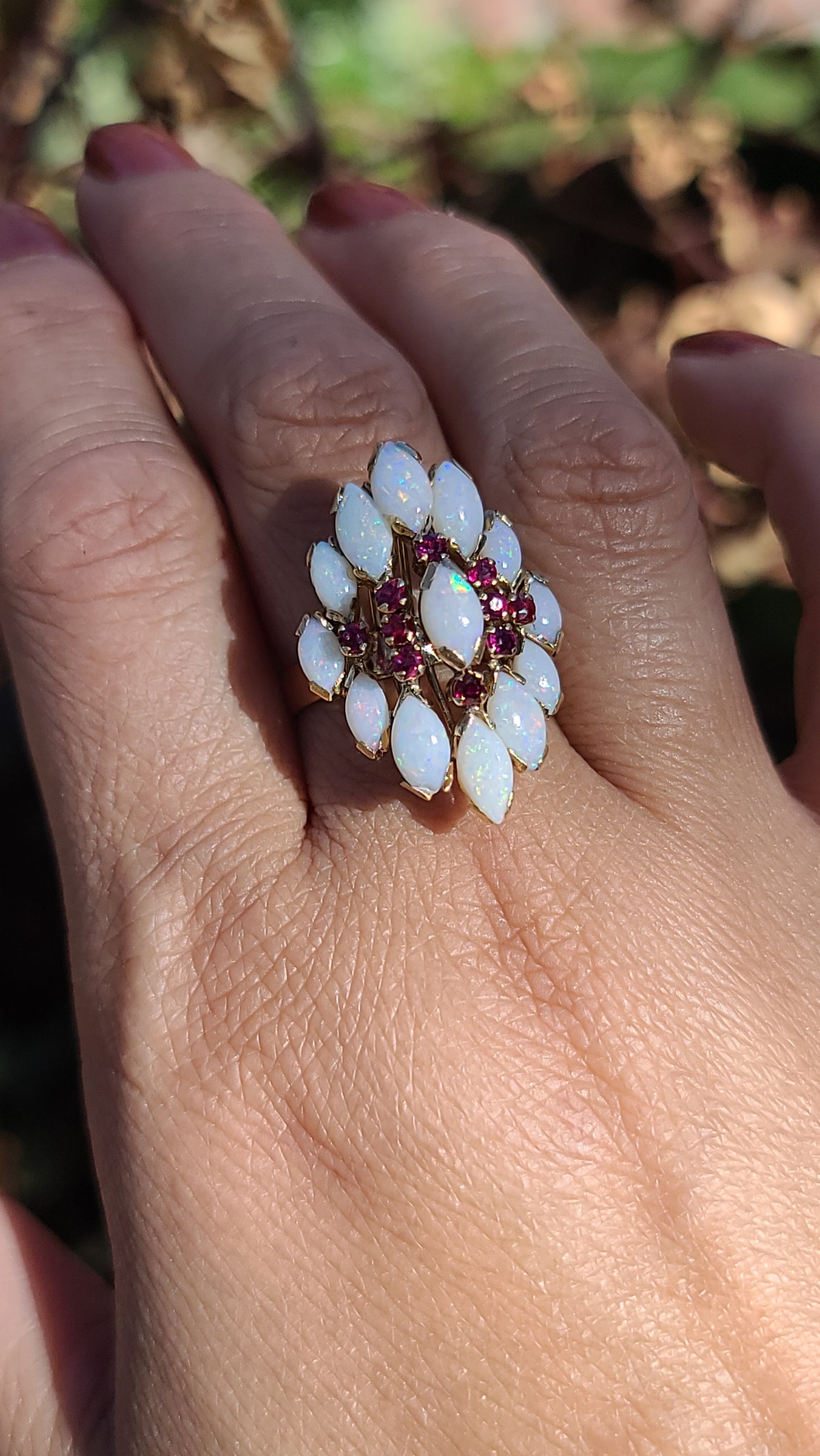 Vintage Opal and Ruby Ring, 14K Yellow Gold