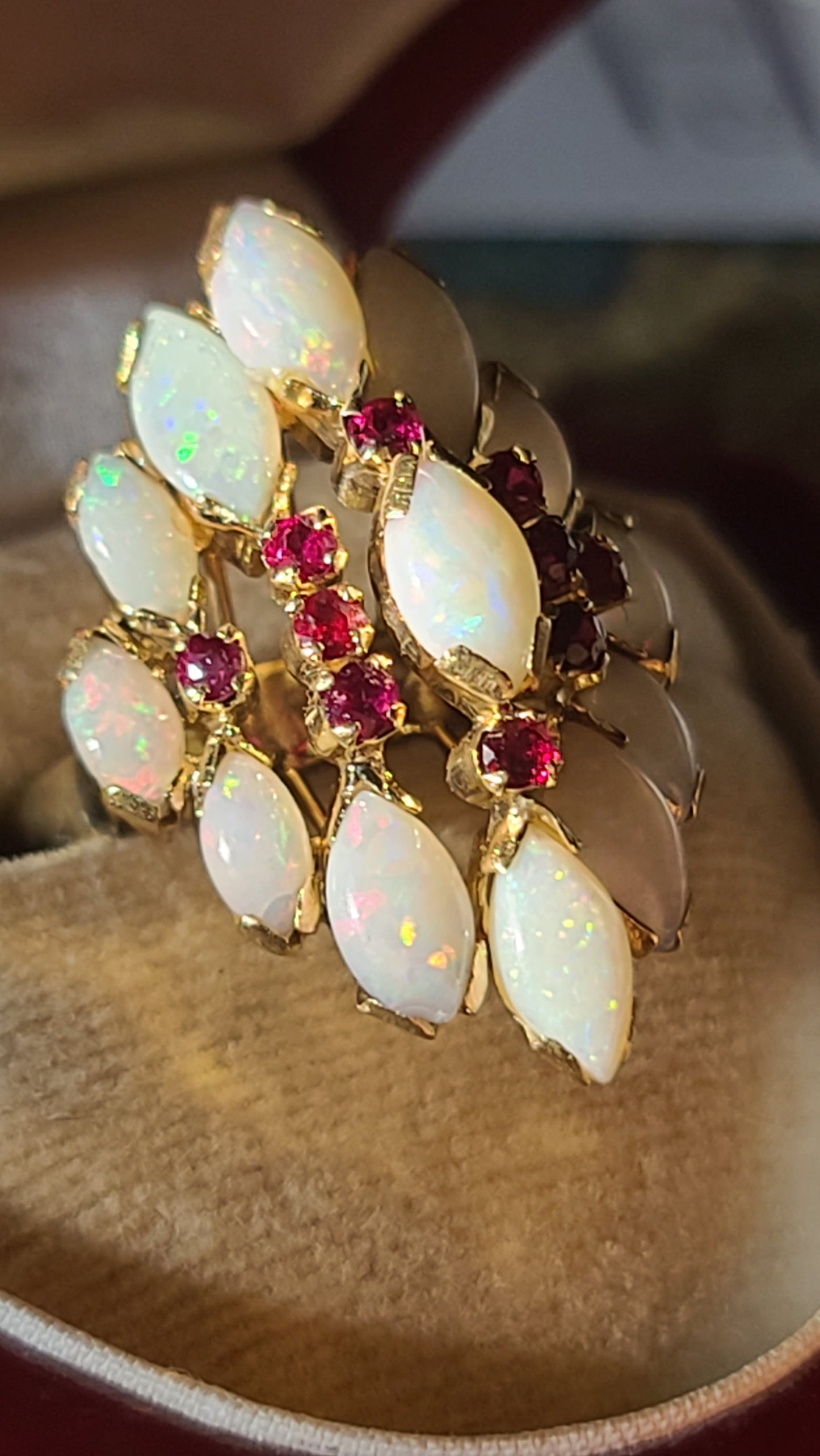 Vintage Opal and Ruby Ring, 14K Yellow Gold