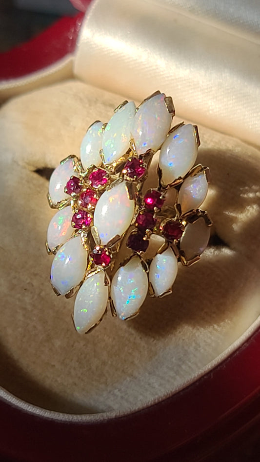 Vintage Opal and Ruby Ring, 14K Yellow Gold